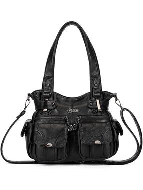Women's 01 Black PU Leather Multi-Pocket Hobo Tote Handbag Shoulder Bag